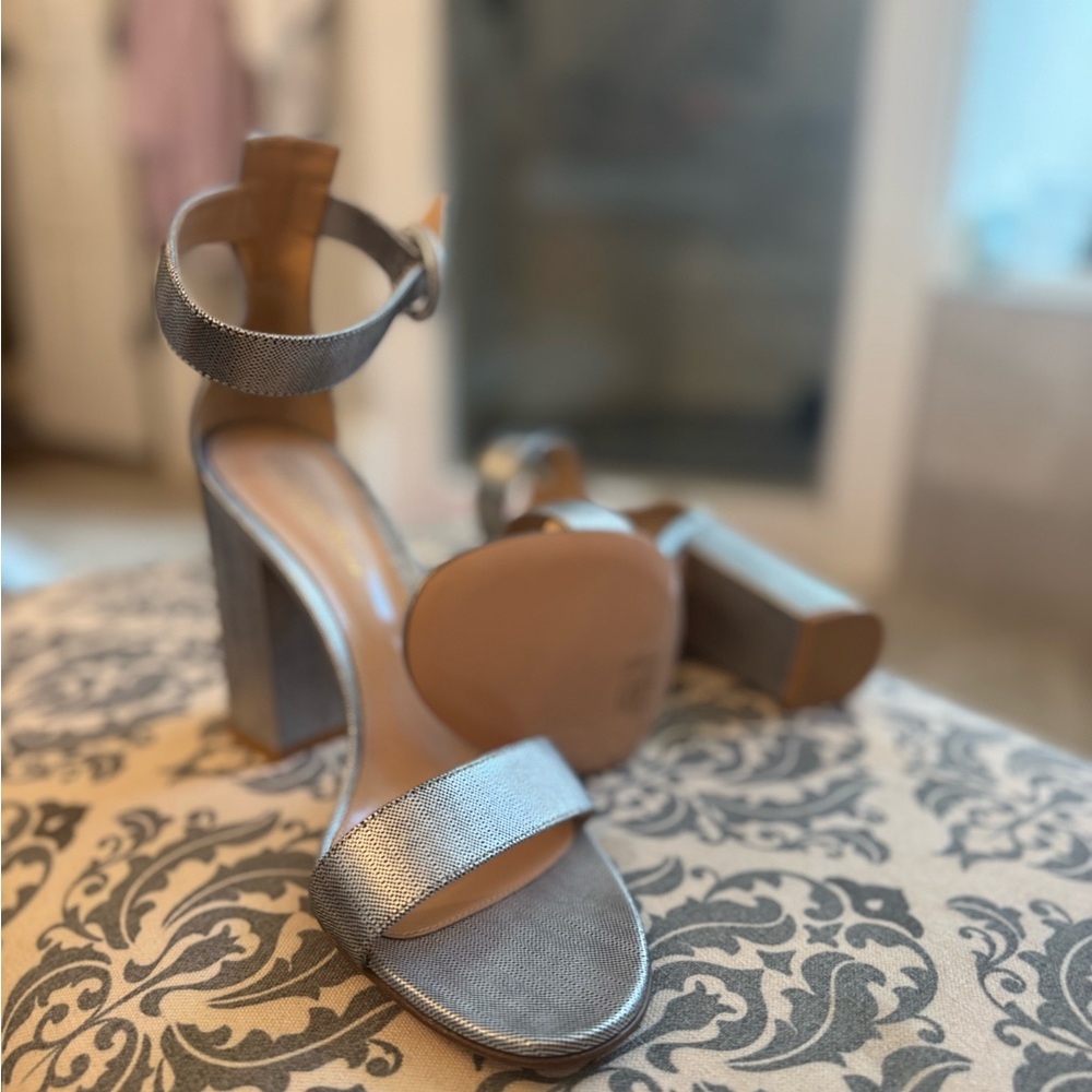 Gianvito Rossi Metallic Silver Block Heel Sandals